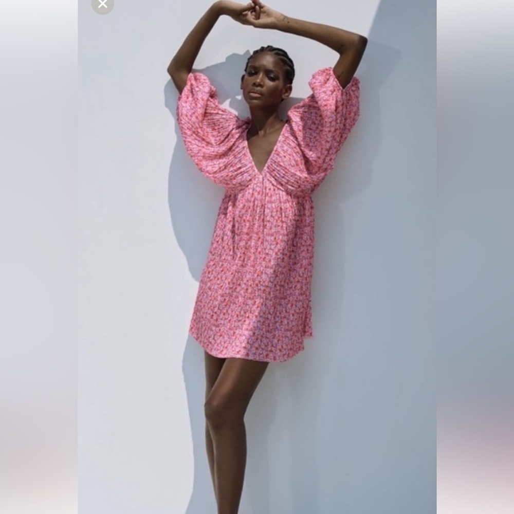 NWOT Zara Ditsy Micro Floral Mini Ballon Sleeve Dress Pink Size Large